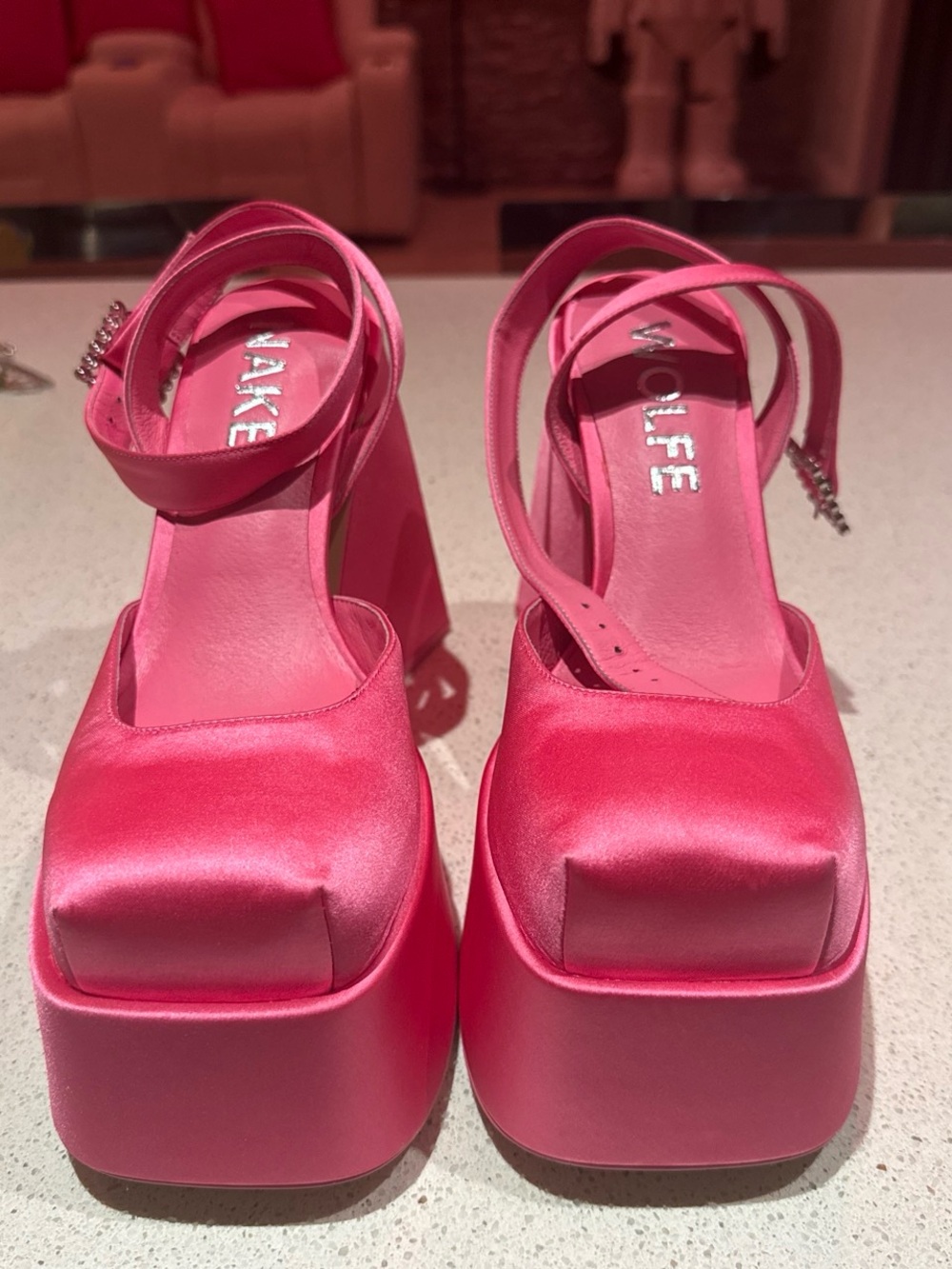 Naked Wolfe Hot Pink Satin Platform Sandals with Ankle Strap